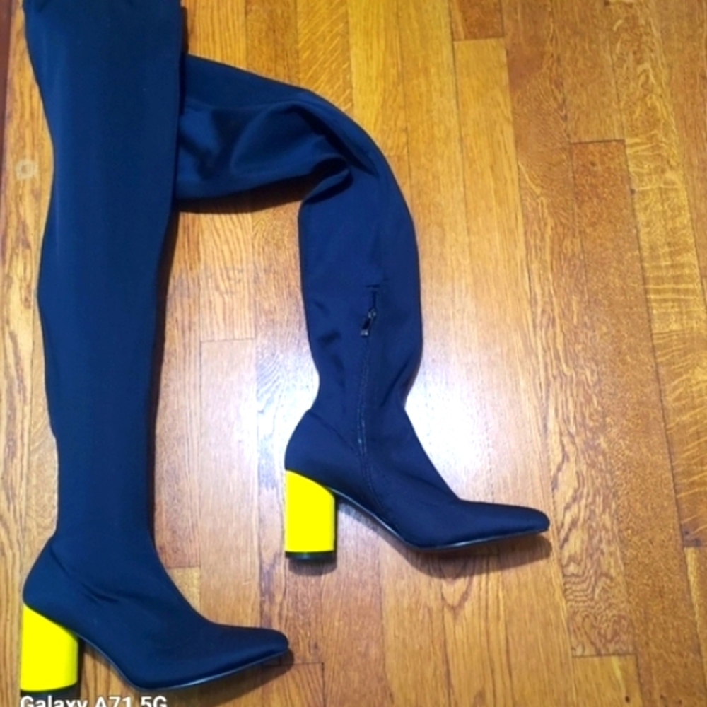 EGO Black and Yellow Over the Knee Boots with Bold Design